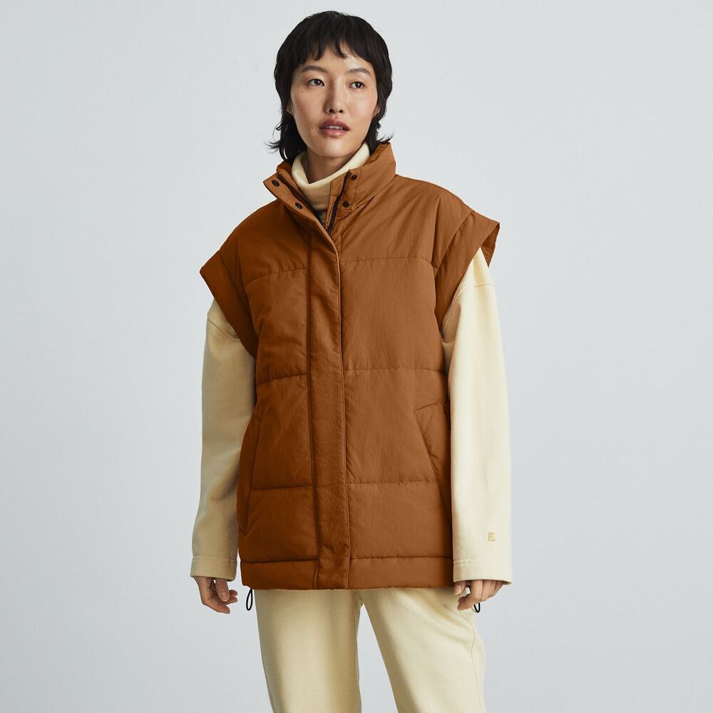 NEW Everlane The ReNew Vest Toasted Almond Women XXS Mock Neck Full Zip Pockets